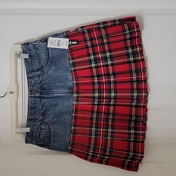 Design Lab Lord & Taylor Size M Half Denim Half Tartan Pleated Mini Skirt, NEW - Picture 1 of 9